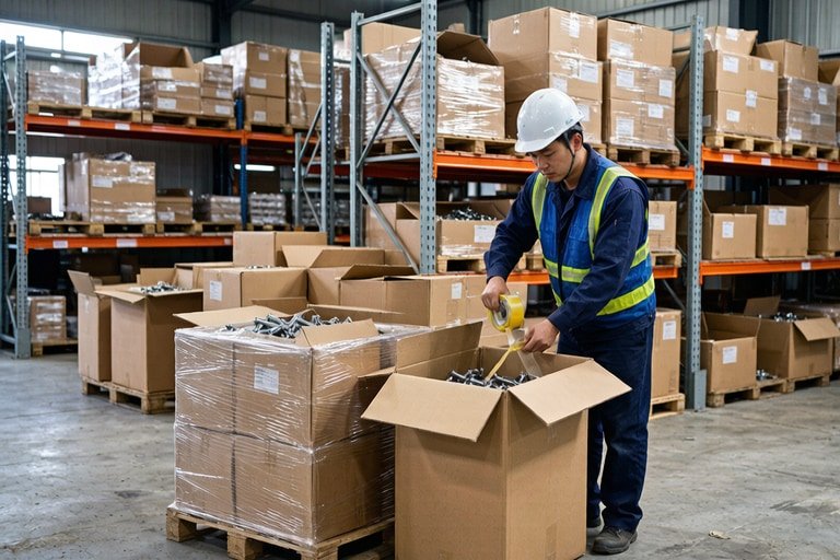 Industrial packaging and export warehouse with sealed cartons and pallets