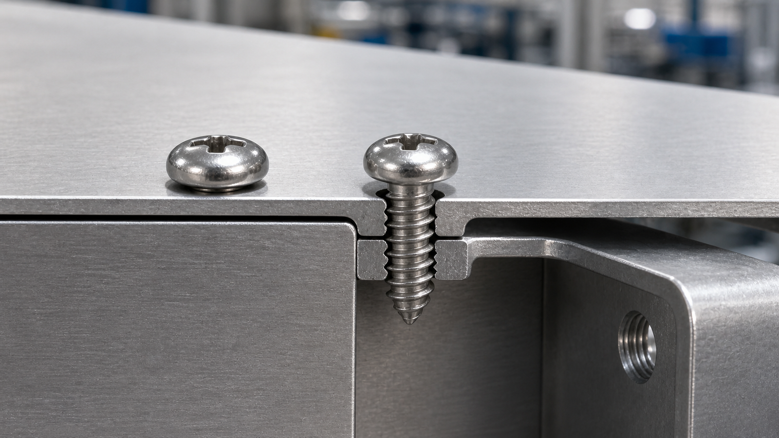 Pan Head Self Tapping Screw installed in an industrial sheet metal panel