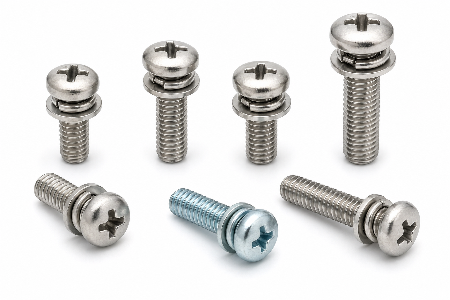 Stainless steel pan head three-piece SEMS screws with captive spring and flat washers