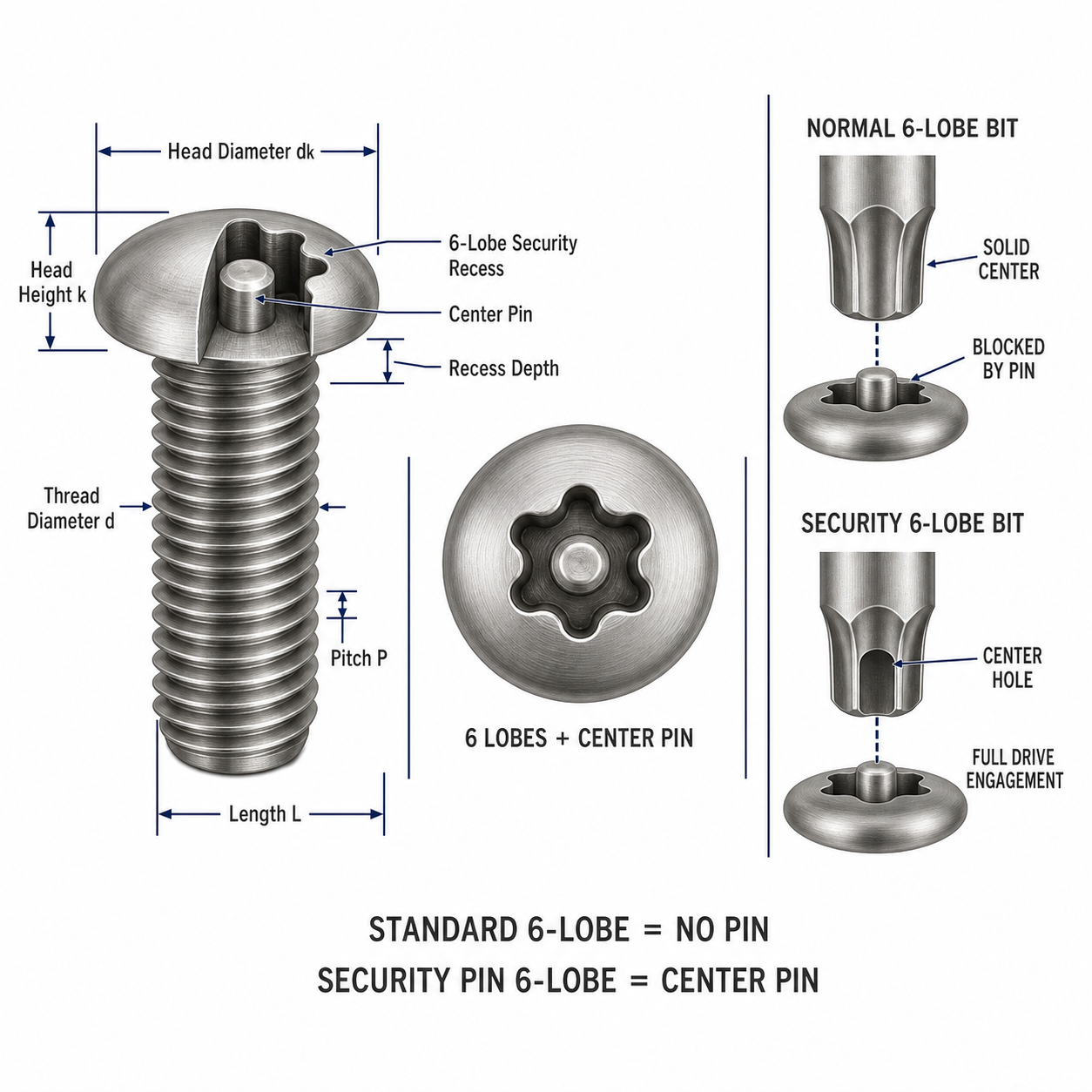 Pin Torx security screw center pin and matching security driver structure