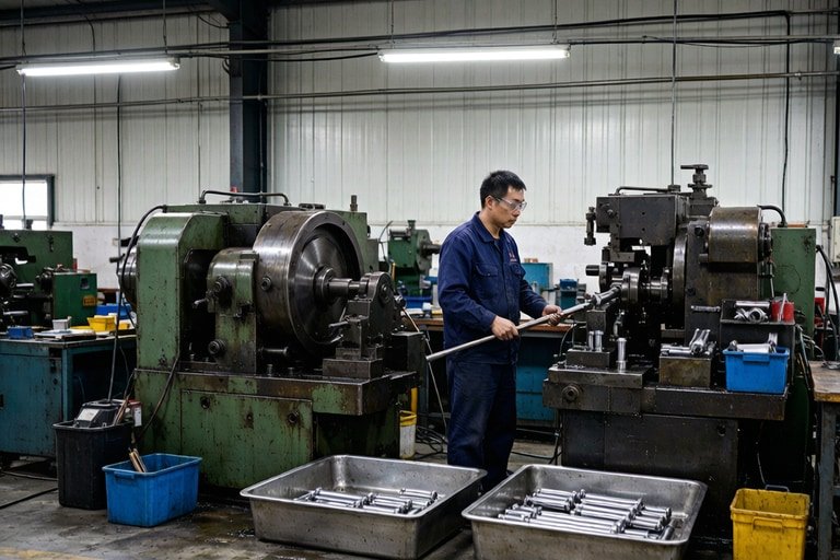 Fastener manufacturing line with cold forging machine and CNC machining equipment