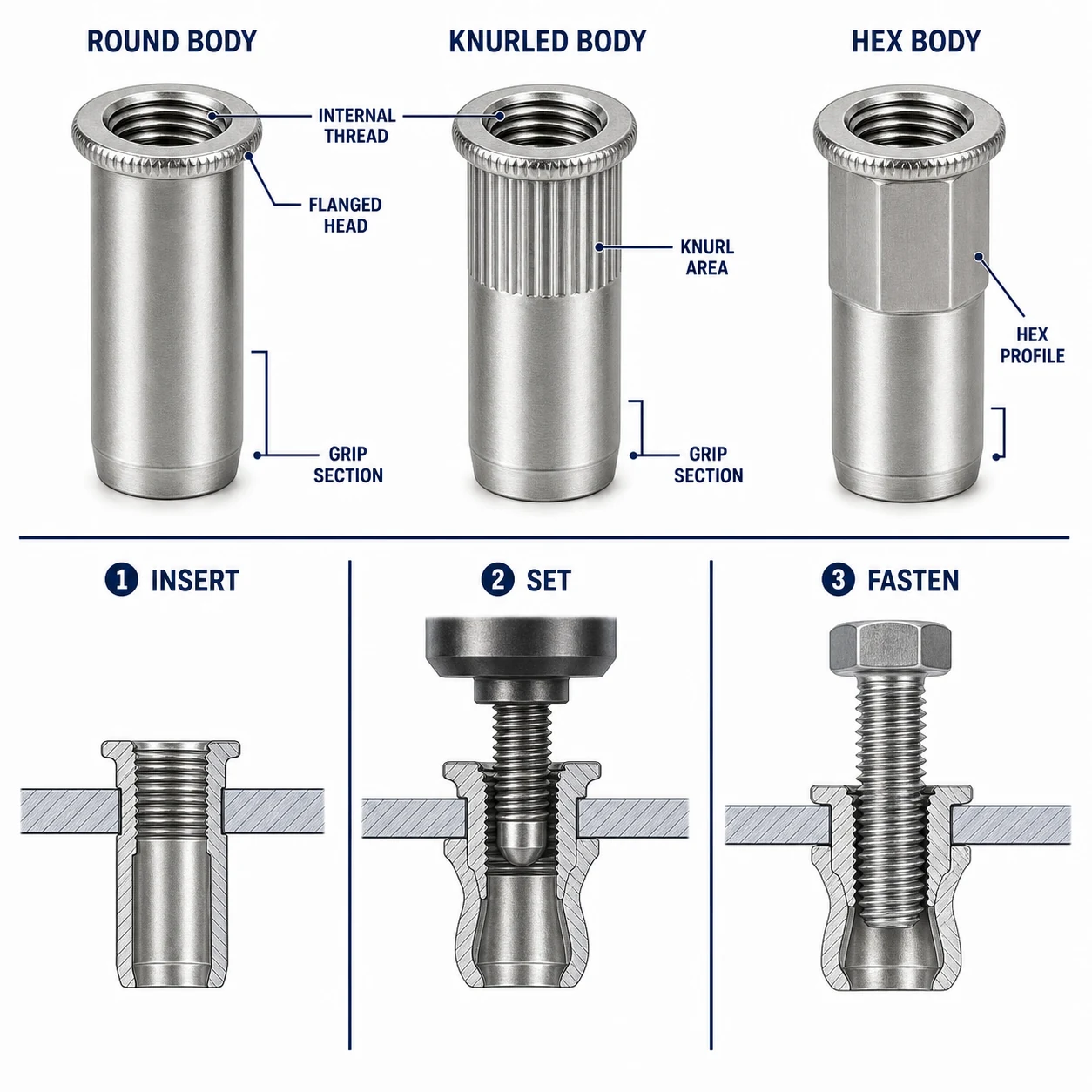 Rivet nut technical diagram showing round knurled and hex bodies internal thread flanged head grip section and blind installation principle