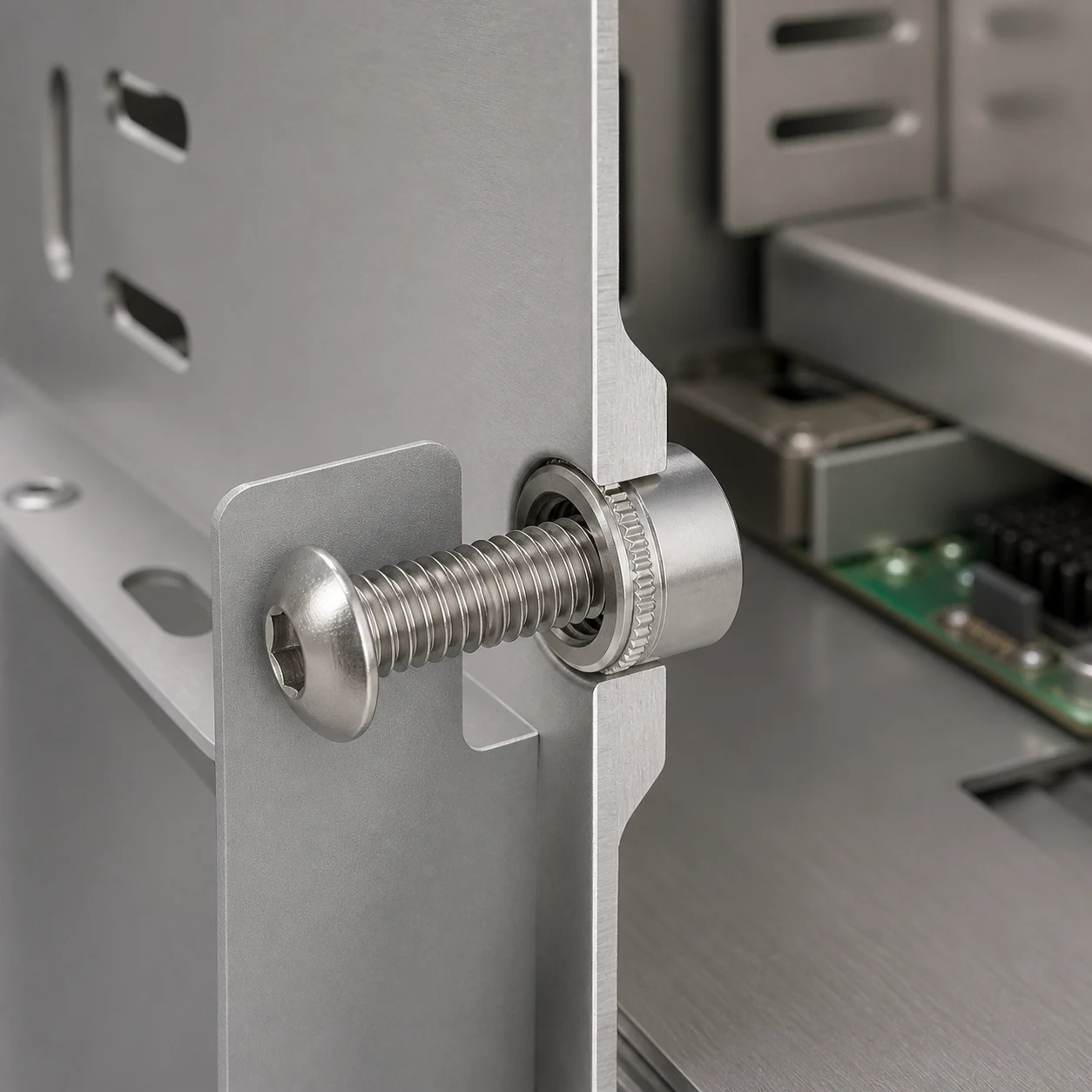 Stainless steel round self clinching nut press-installed in an OEM sheet metal panel with an aligned machine screw