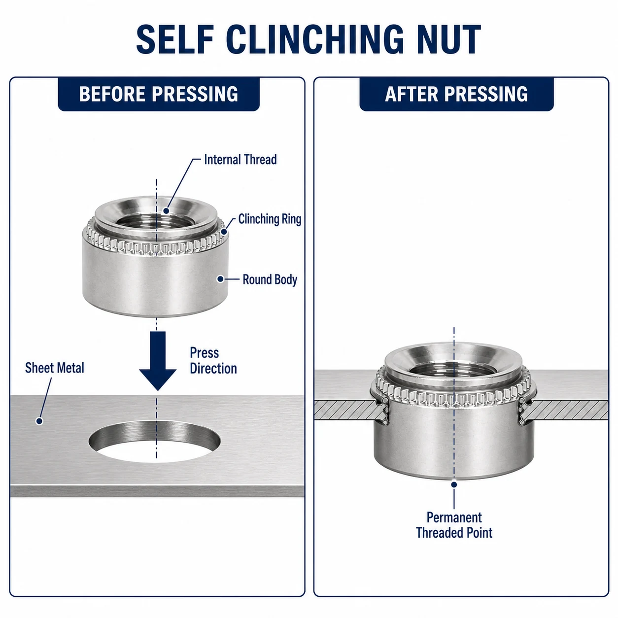 Round self clinching nut press installation diagram showing internal thread clinching ring and sheet metal before and after pressing