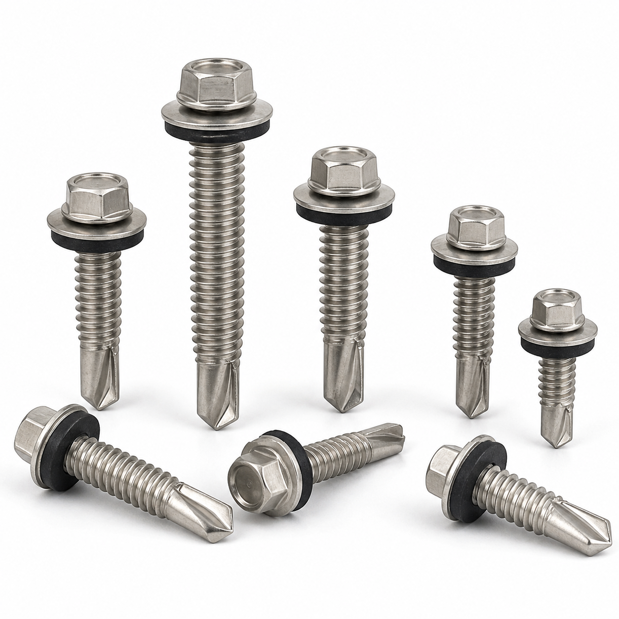 Stainless steel self drilling roofing screws with bonded EPDM sealing washers
