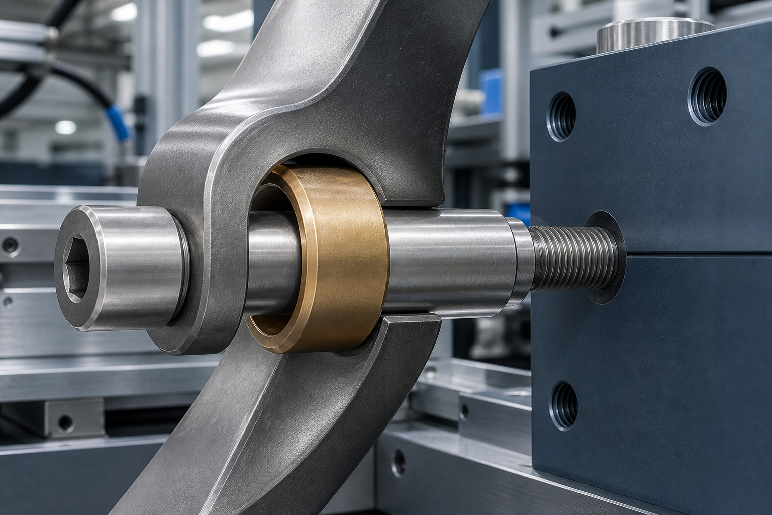 Precision shoulder bolt used as pivot in industrial machinery linkage