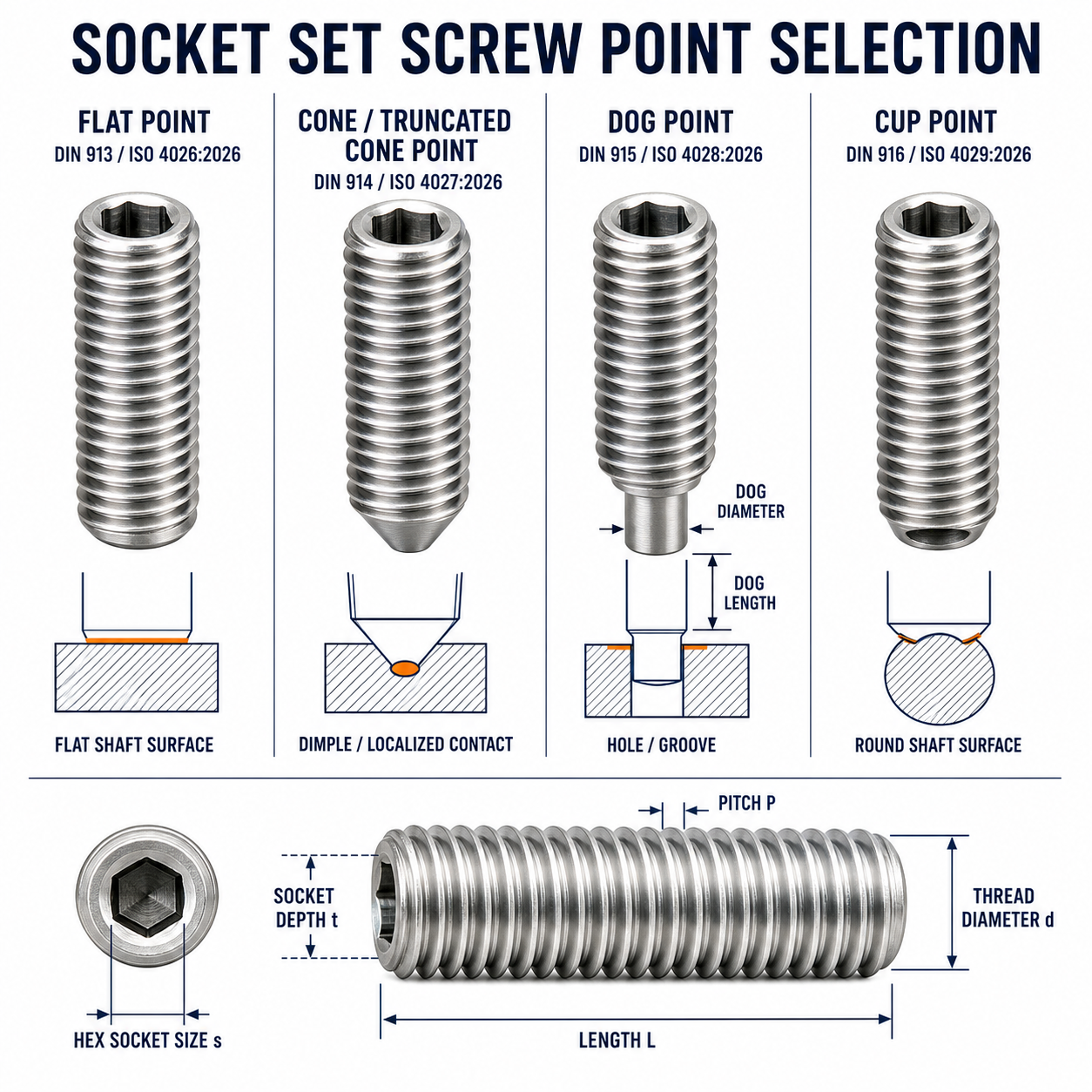 DIN 913 914 915 916 set screw point styles and hex socket dimensions