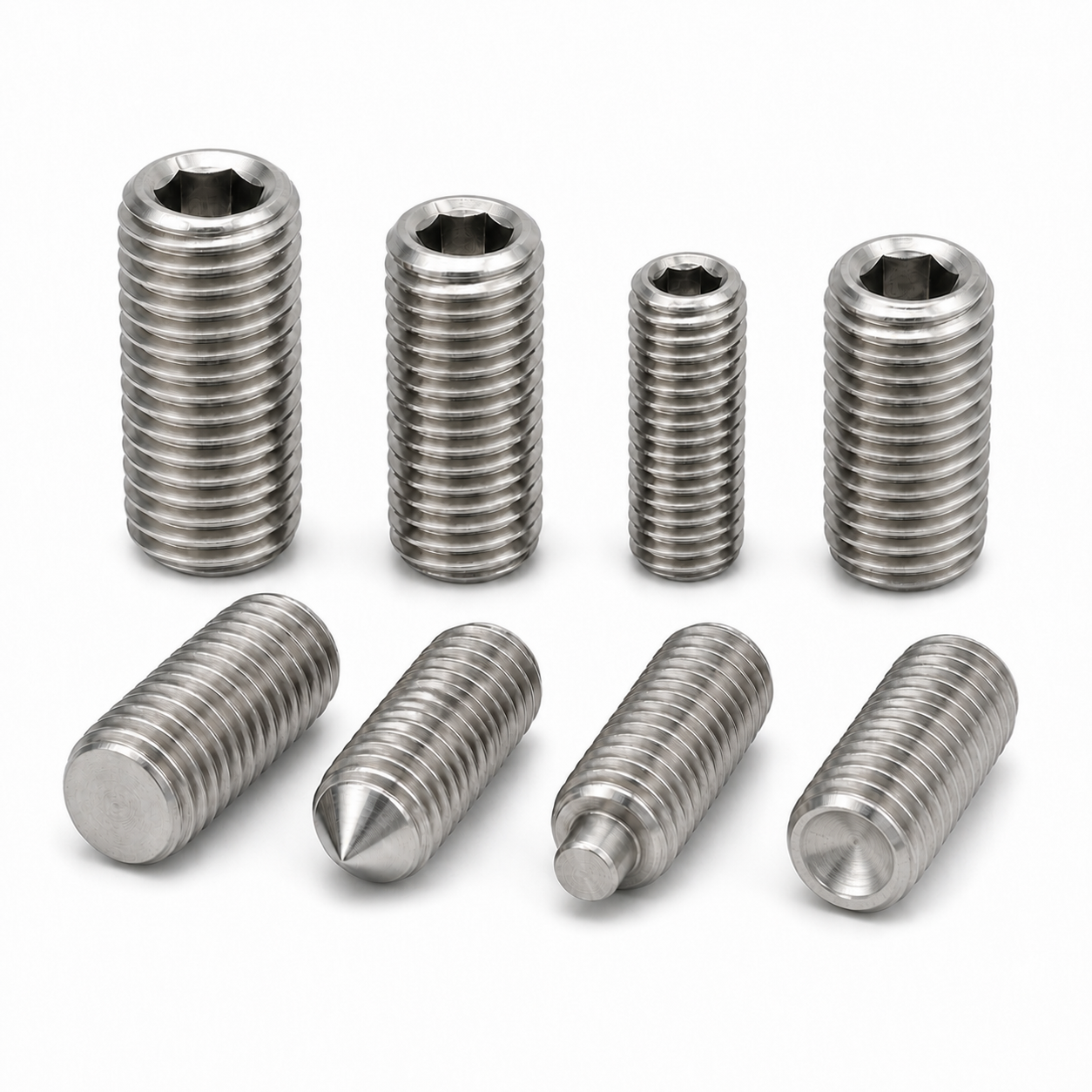 Stainless steel socket set screws with flat cone dog and cup point options