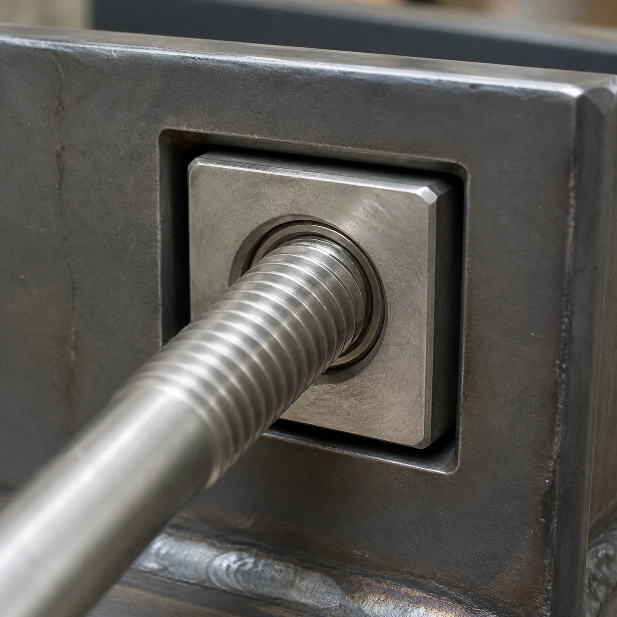 Stainless steel square nut held in a retaining pocket and engaged with a threaded rod in industrial machinery