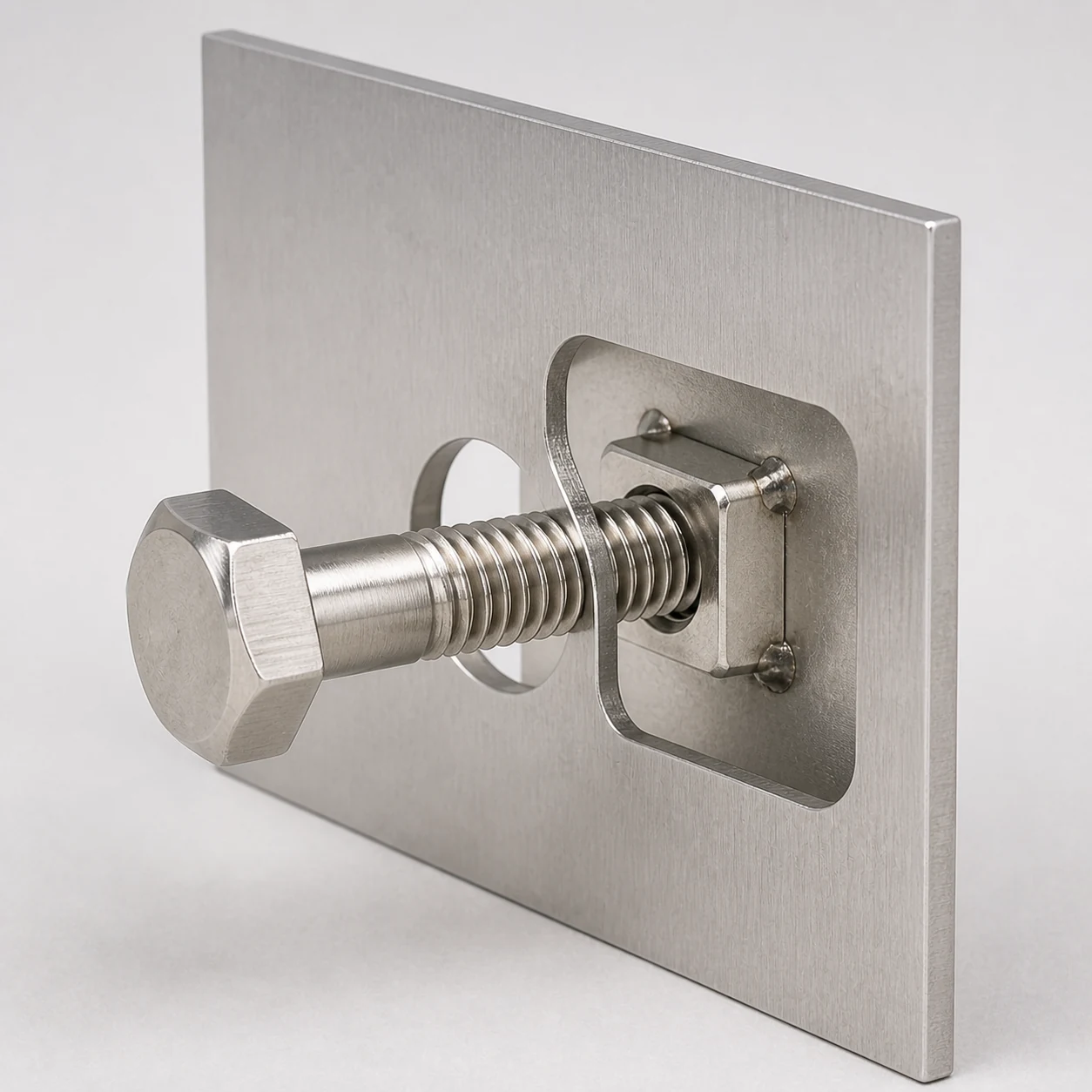 Stainless steel DIN 928 square weld nut projection welded to sheet metal with an aligned bolt