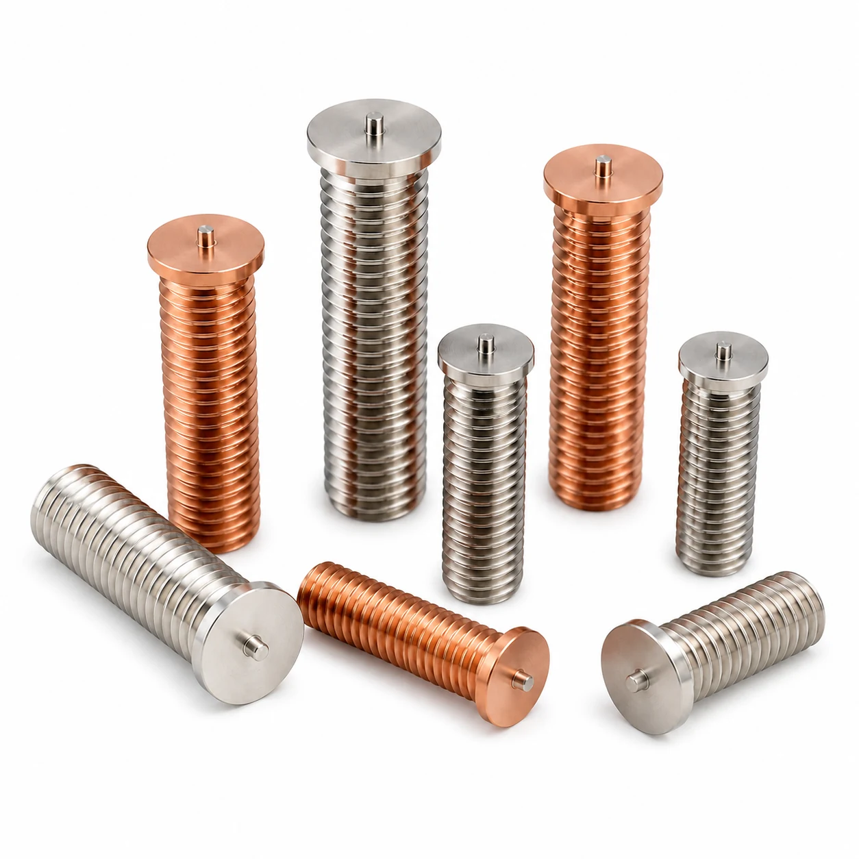 Multiple stainless steel and copper CD weld studs with full threaded shafts, thin welding bases and centered ignition tips