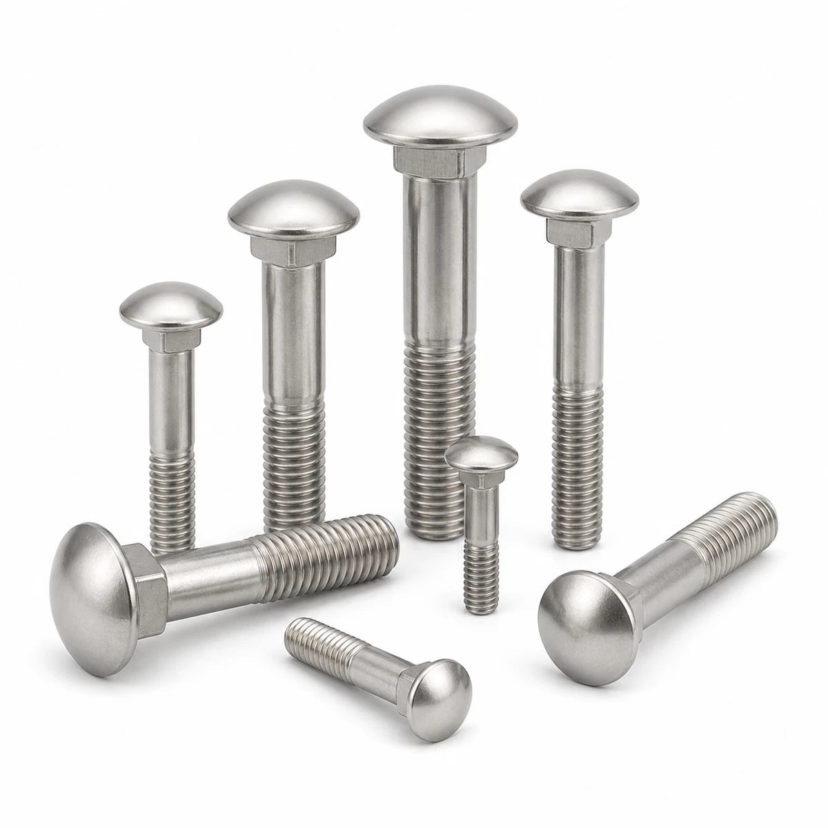 Stainless steel carriage bolts in multiple sizes with round dome heads, square necks and threaded ends on a white background