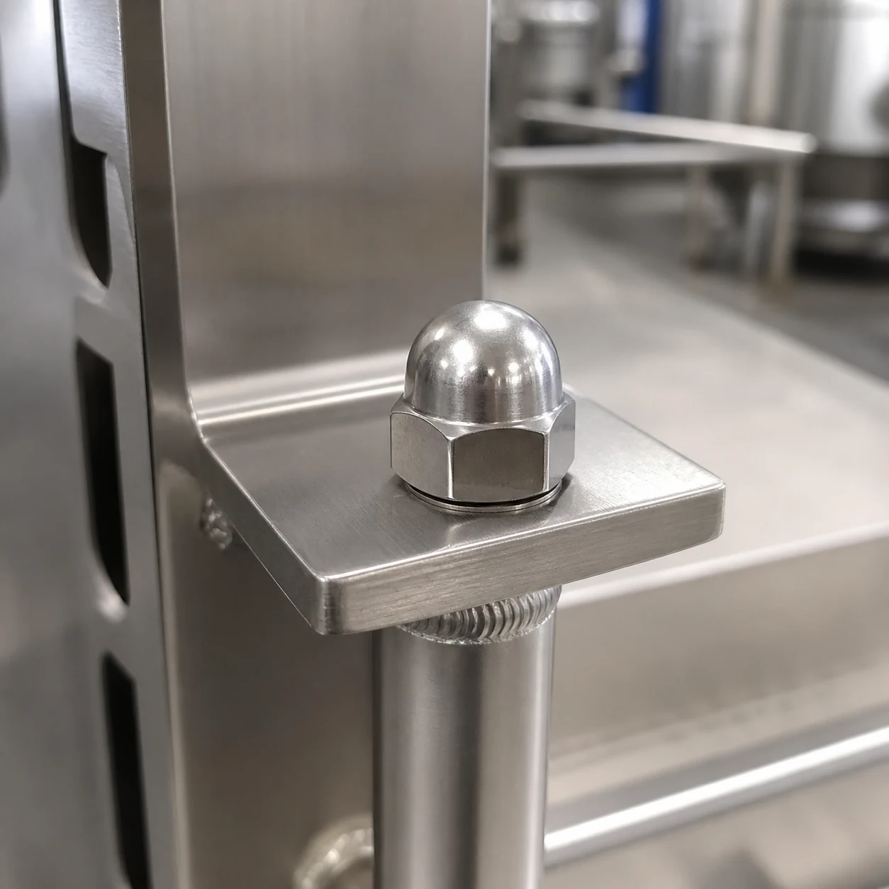 Stainless steel dome nut covering an exposed threaded stud on clean industrial equipment