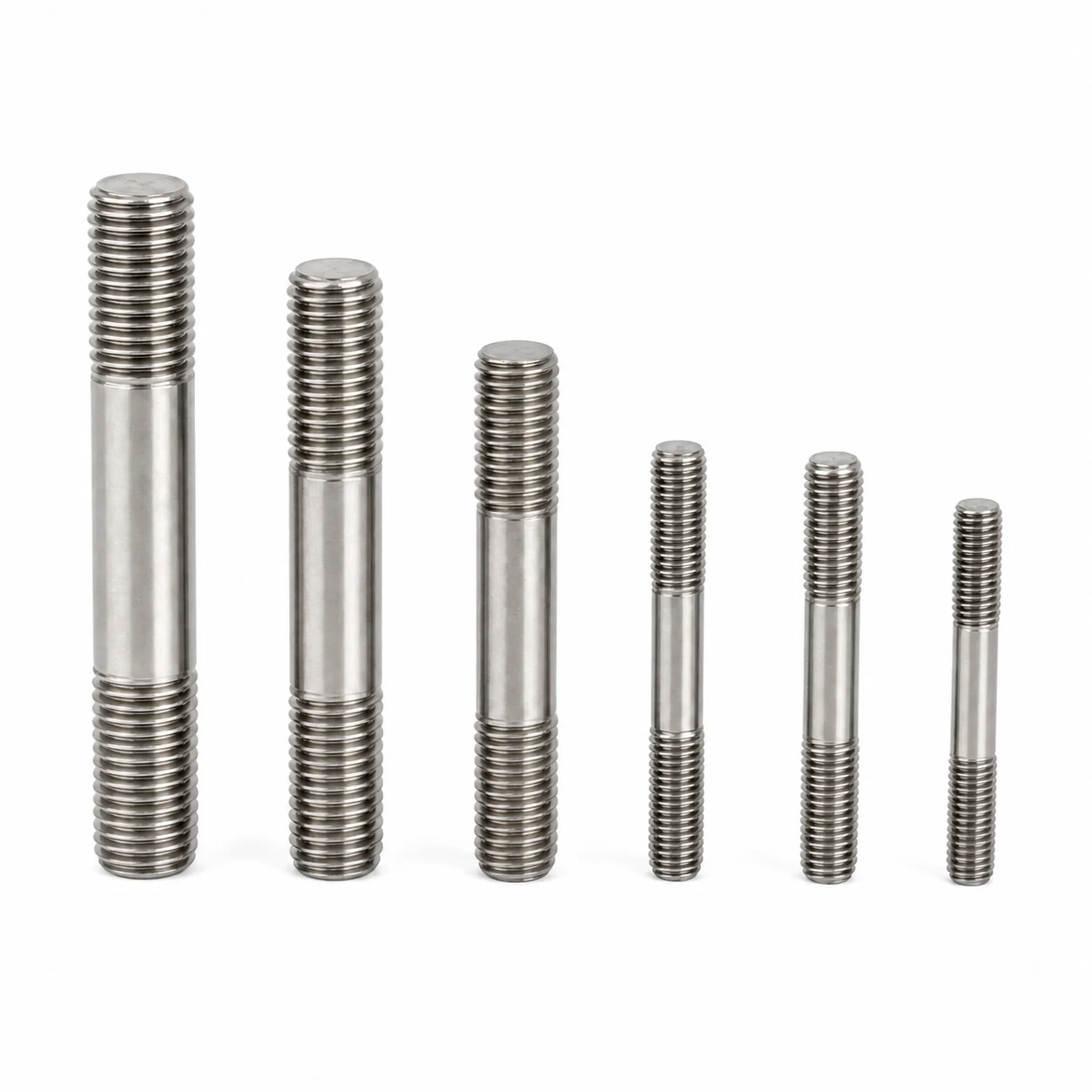 Multiple stainless steel double end studs in different lengths and diameters with threaded ends and plain central bodies
