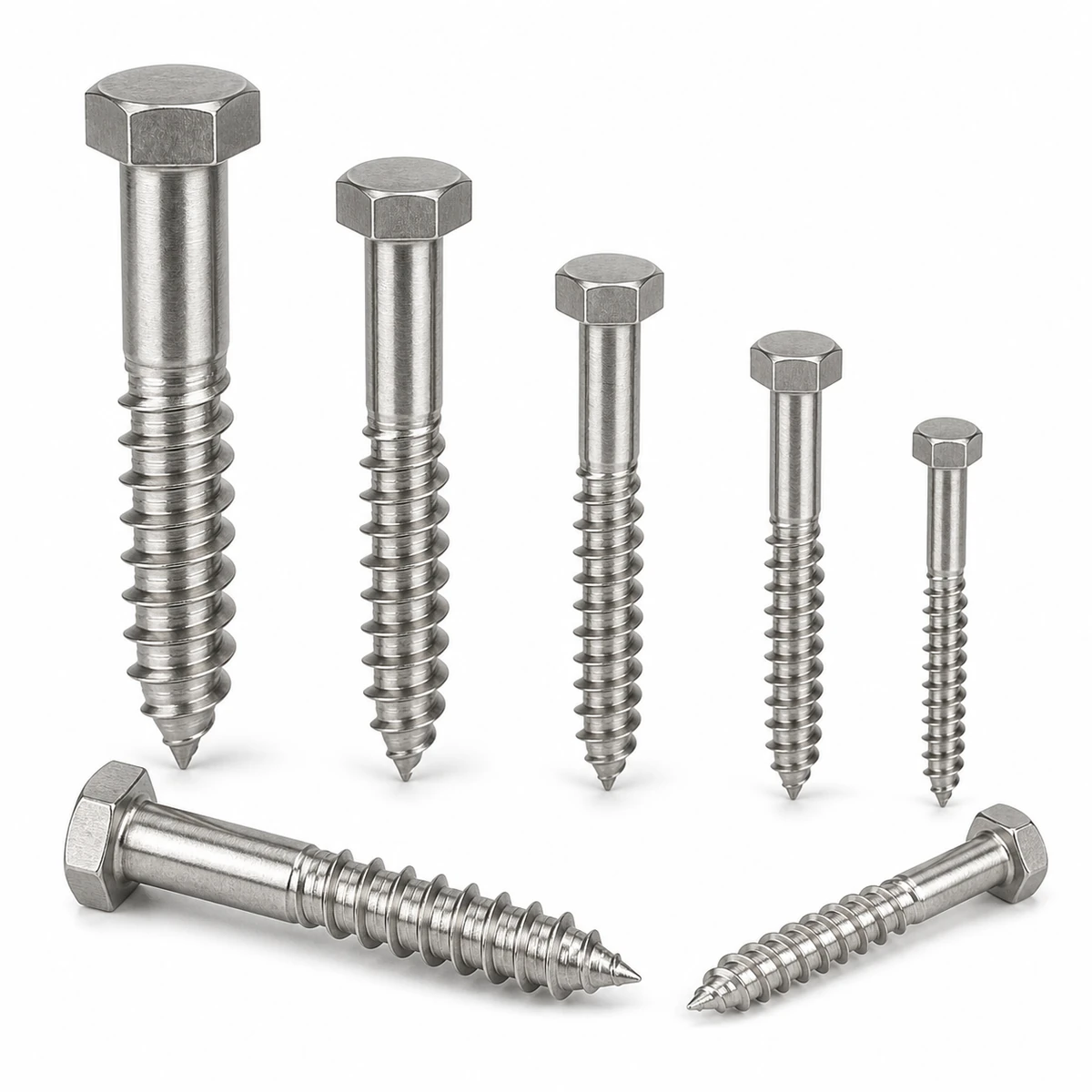 DIN 571 stainless steel hex lag bolts in multiple sizes with hex heads, partial smooth shanks, coarse wood threads and pointed tips