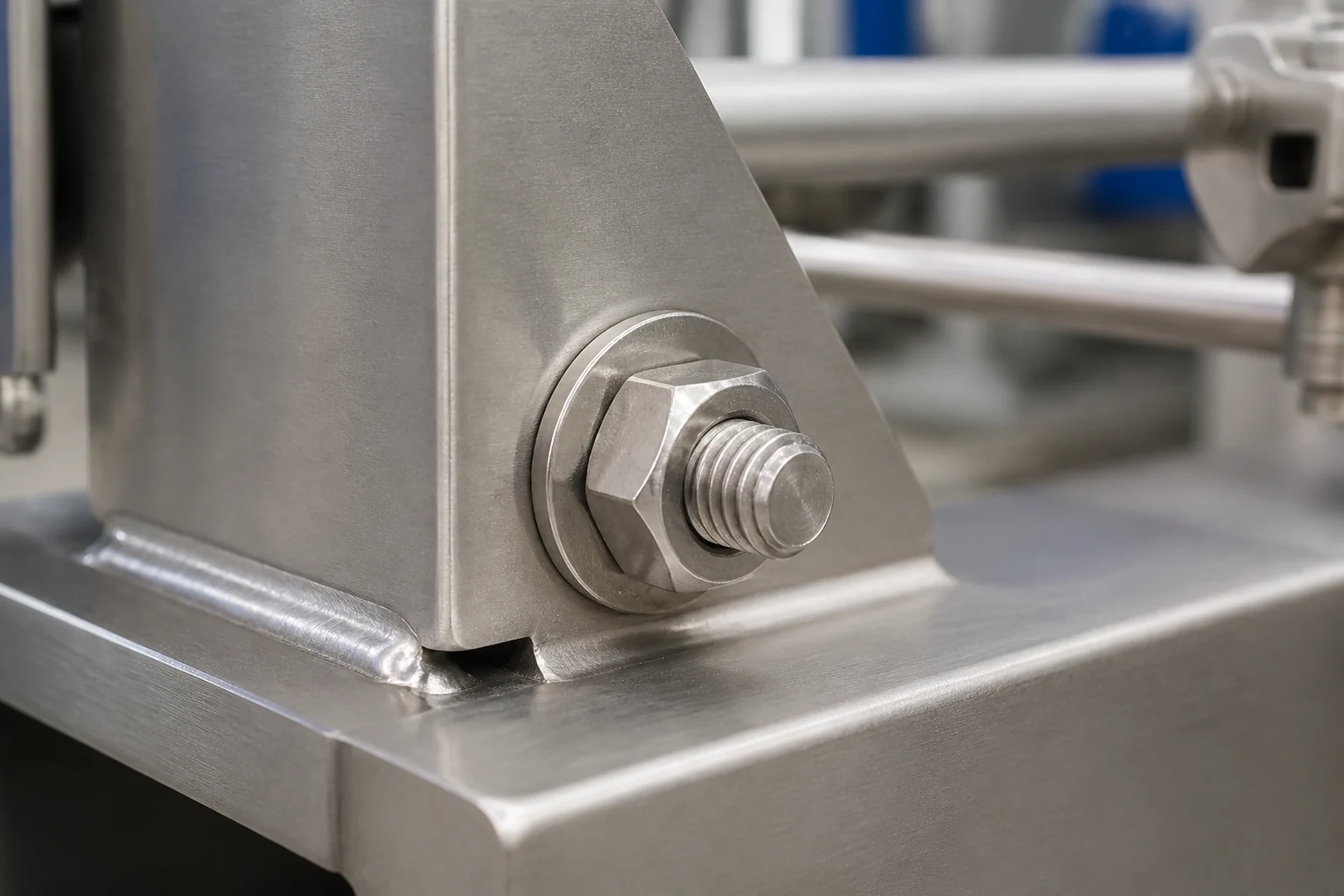 Stainless steel hex nut installed with a matching bolt and washer on industrial machinery