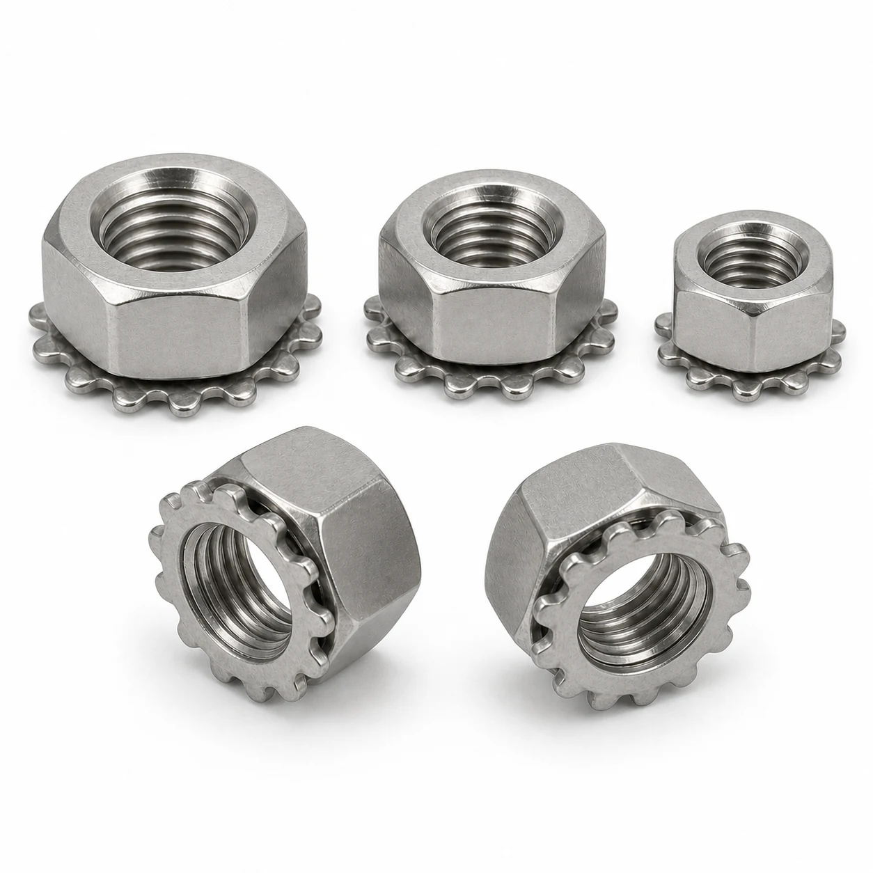 Five stainless steel K-Lock nuts in multiple sizes with captive rounded external-tooth lock washers on a pure white background