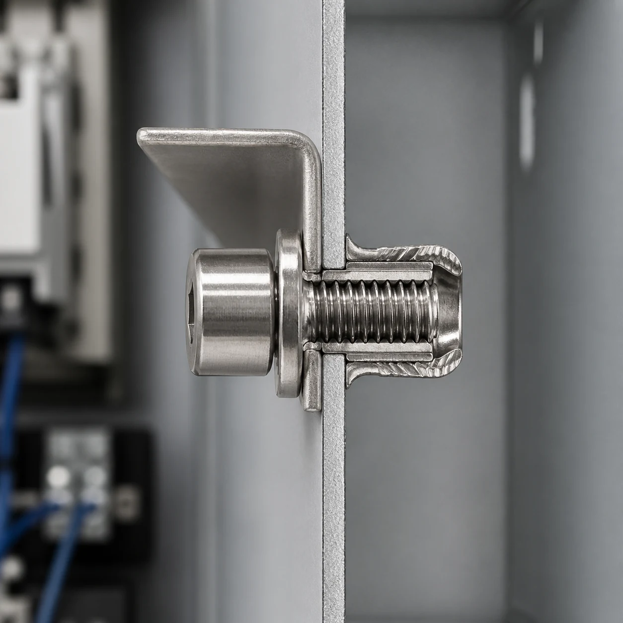 Stainless steel blind rivet nut installed in thin sheet metal with a collapsed rear grip section and a machine bolt threaded into the insert