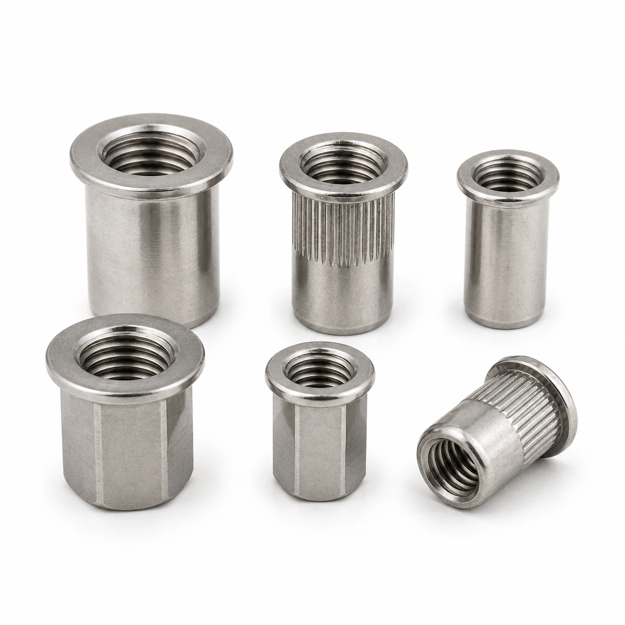 Six stainless steel rivet nuts in multiple sizes showing smooth round knurled round and hex body styles on a pure white background