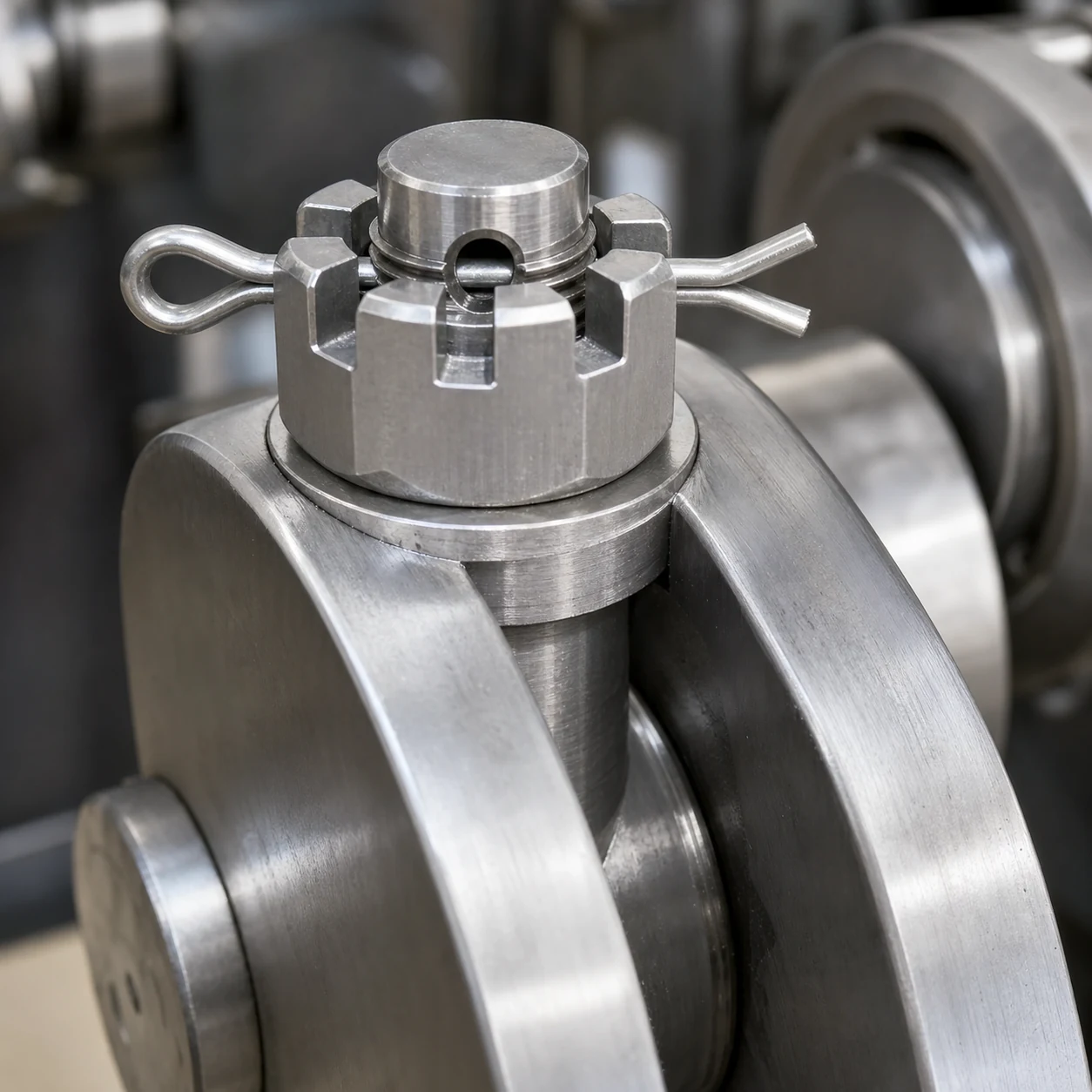 Stainless steel DIN 935 slotted nut installed on a mechanical shaft with a cotter pin correctly passing through the aligned nut slots and shaft cross-hole