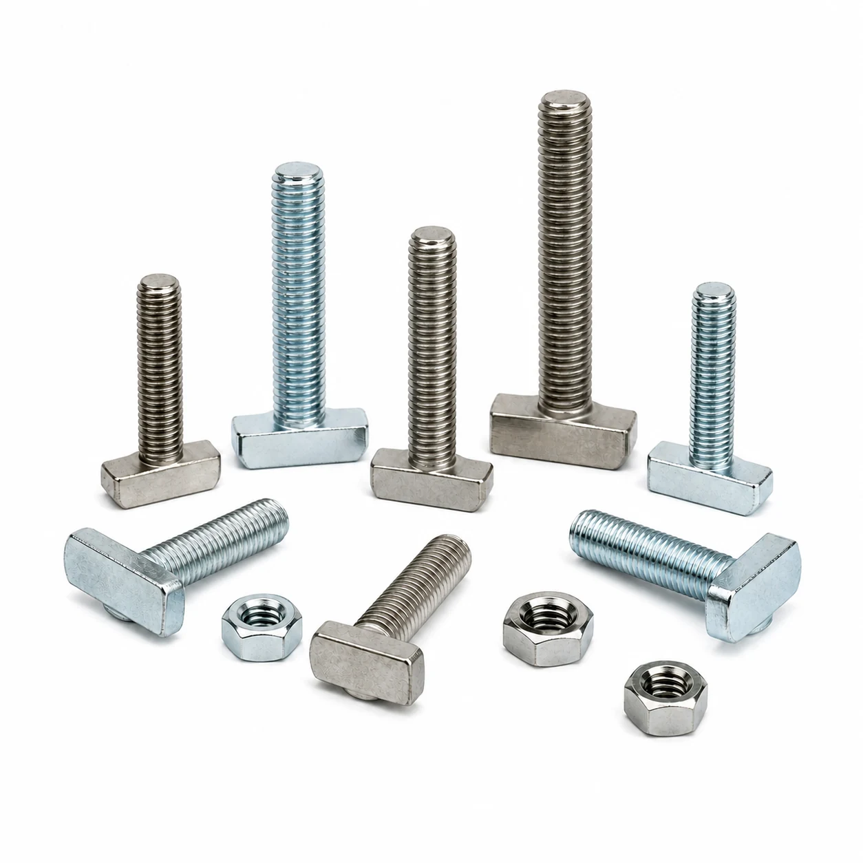 Stainless steel and zinc plated T slot bolts in multiple sizes with clearly visible hammer heads and threaded shafts