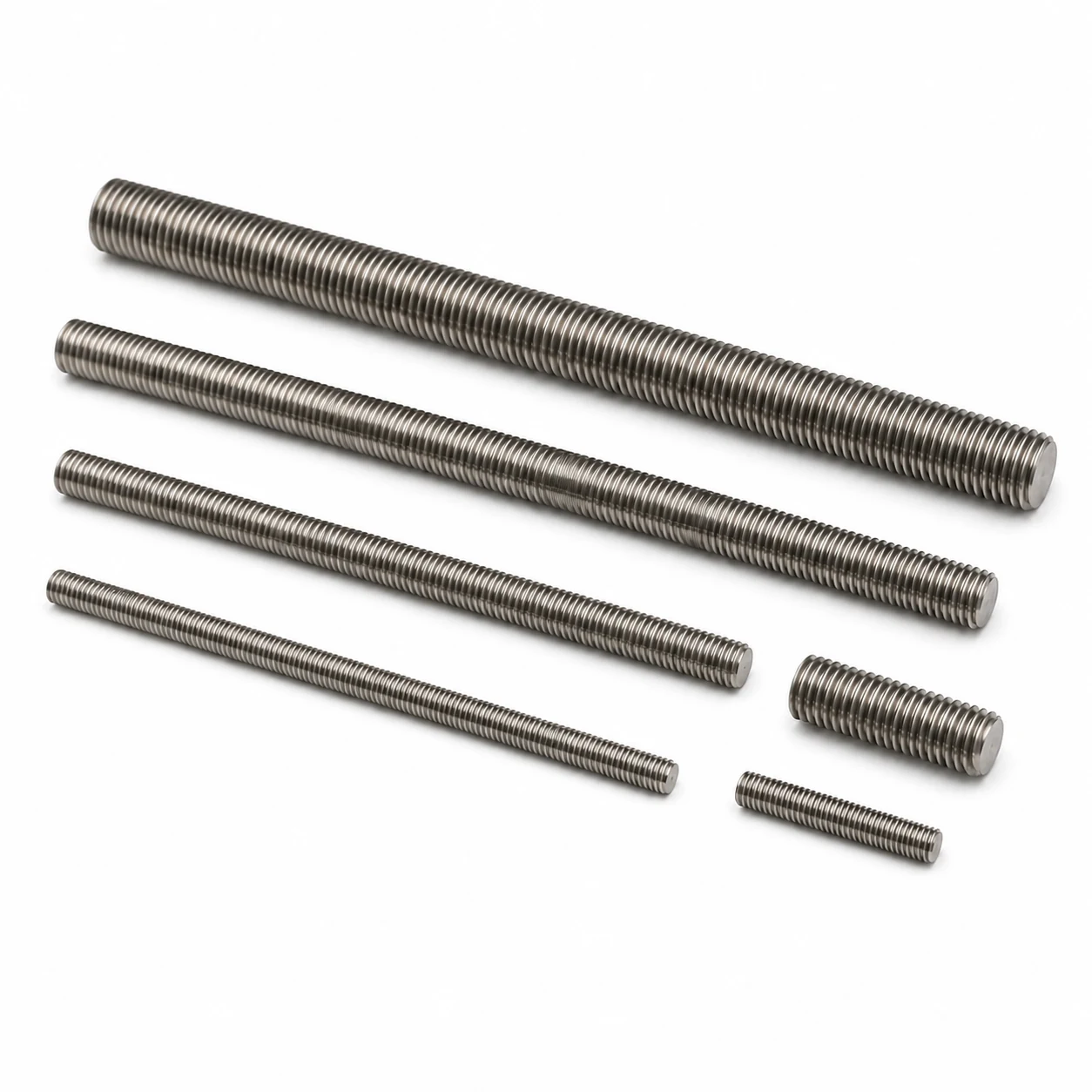 Multiple stainless steel threaded bars in different diameters and lengths with continuous threads for industrial fabrication
