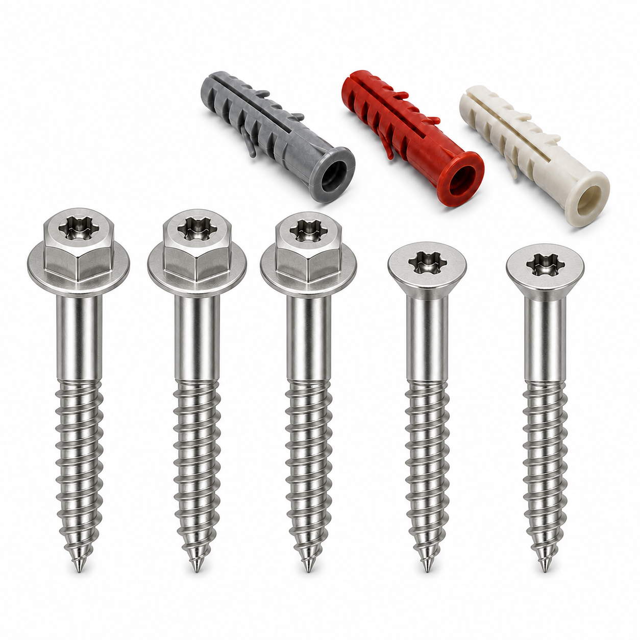 Stainless steel hex flange Torx and countersunk Torx screws for nylon expansion plugs