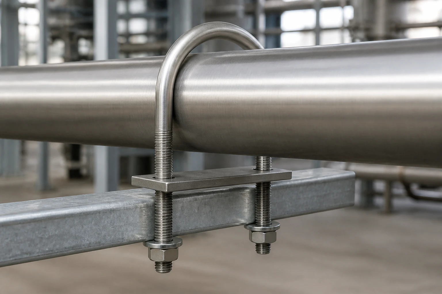 Stainless steel U bolt securing an industrial pipe to a galvanized steel support structure