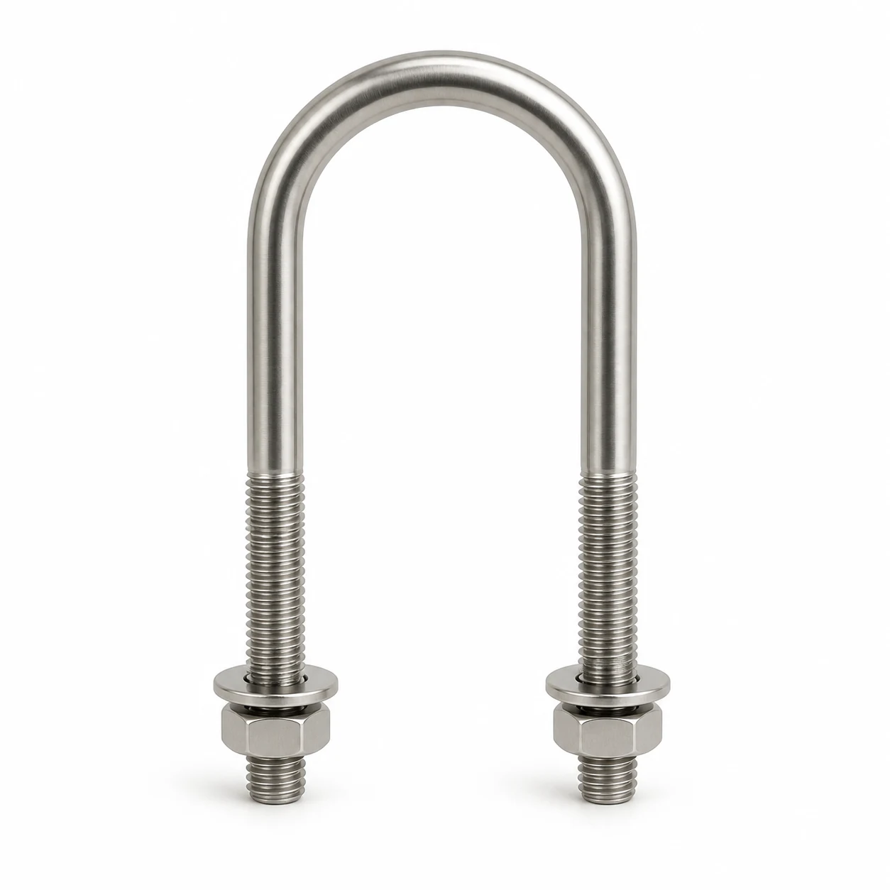 Stainless steel U bolts with double threaded ends, washers and hex nuts on a white background