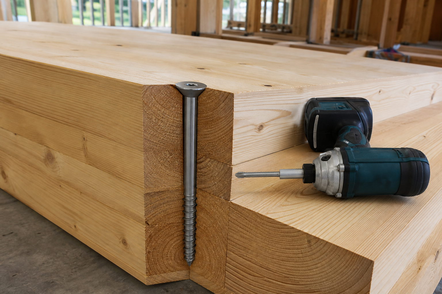 Stainless structural timber screw connecting heavy timber beams
