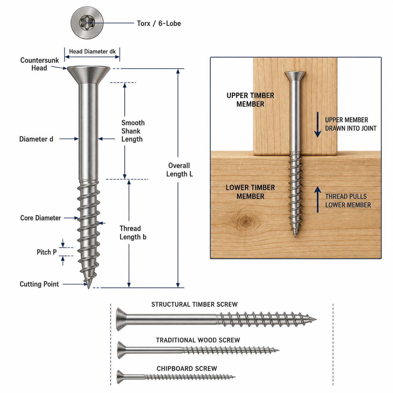 Structural timber screw dimensions showing partial thread smooth shank and timber clamping action