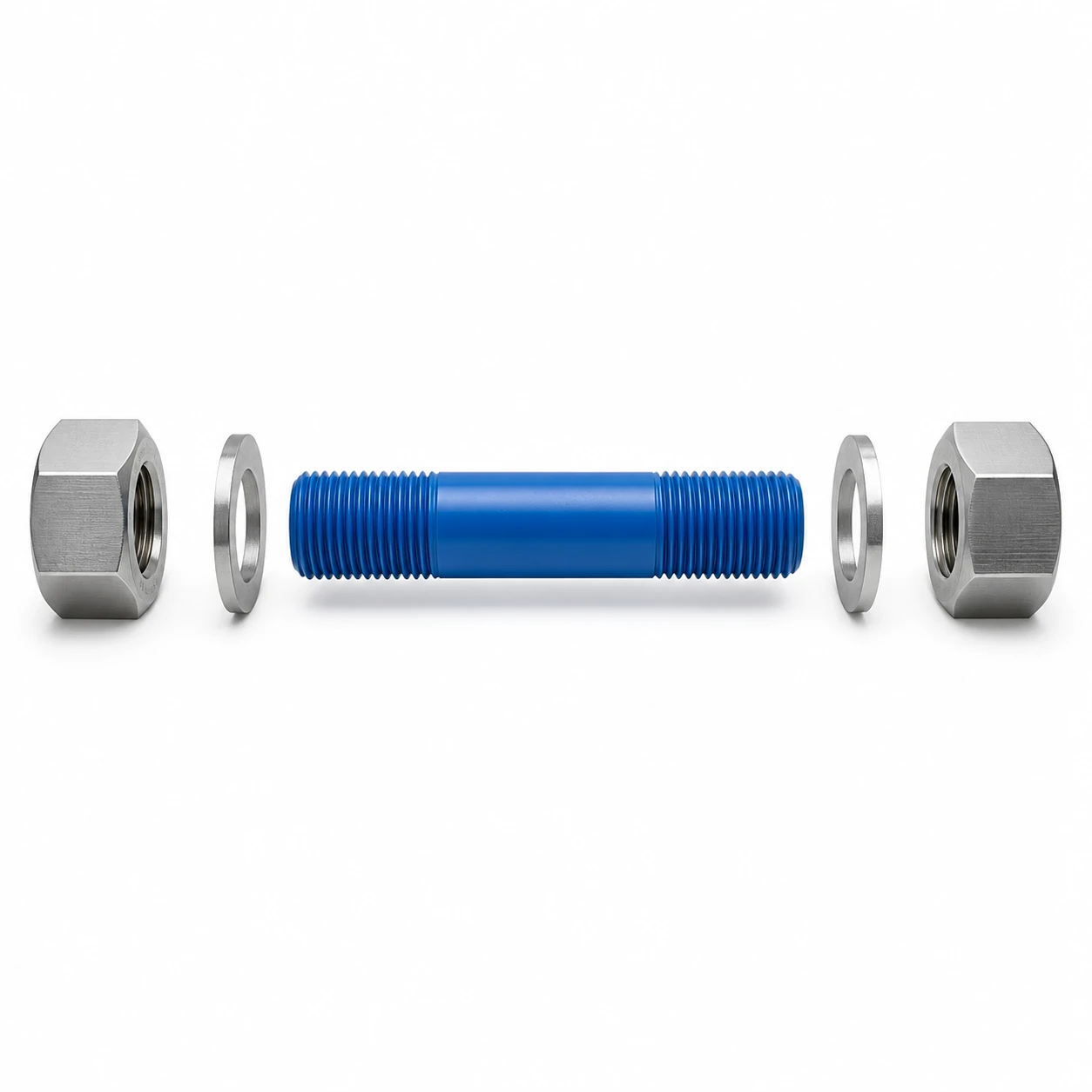 Exploded double end stud bolt assembly showing nut, washer, threaded end, smooth body, threaded end, washer and nut
