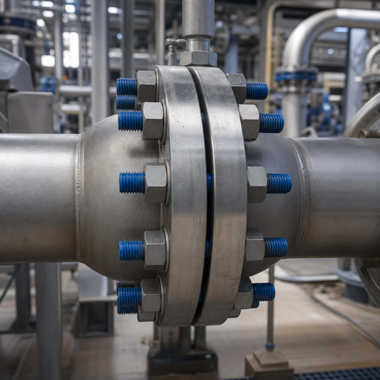 Blue PTFE coated stud bolts with nuts and washers installed on both sides of an industrial pipe flange