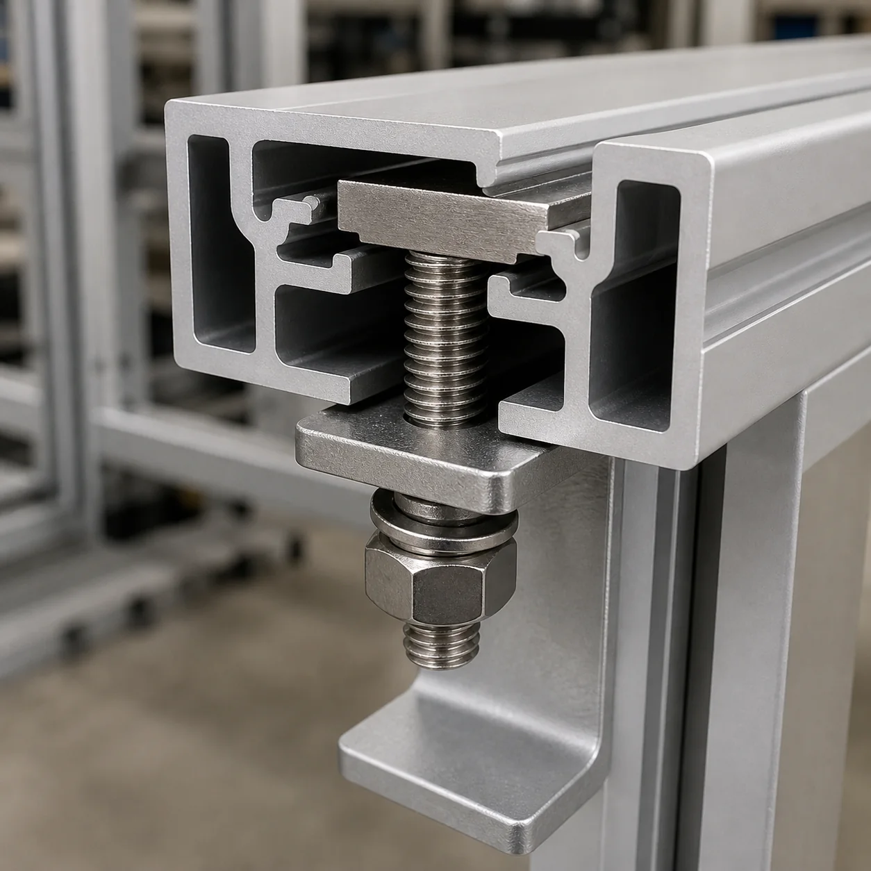 Single T bolt head captured inside an aluminum extrusion slot with its threaded shaft securing an external bracket and nut