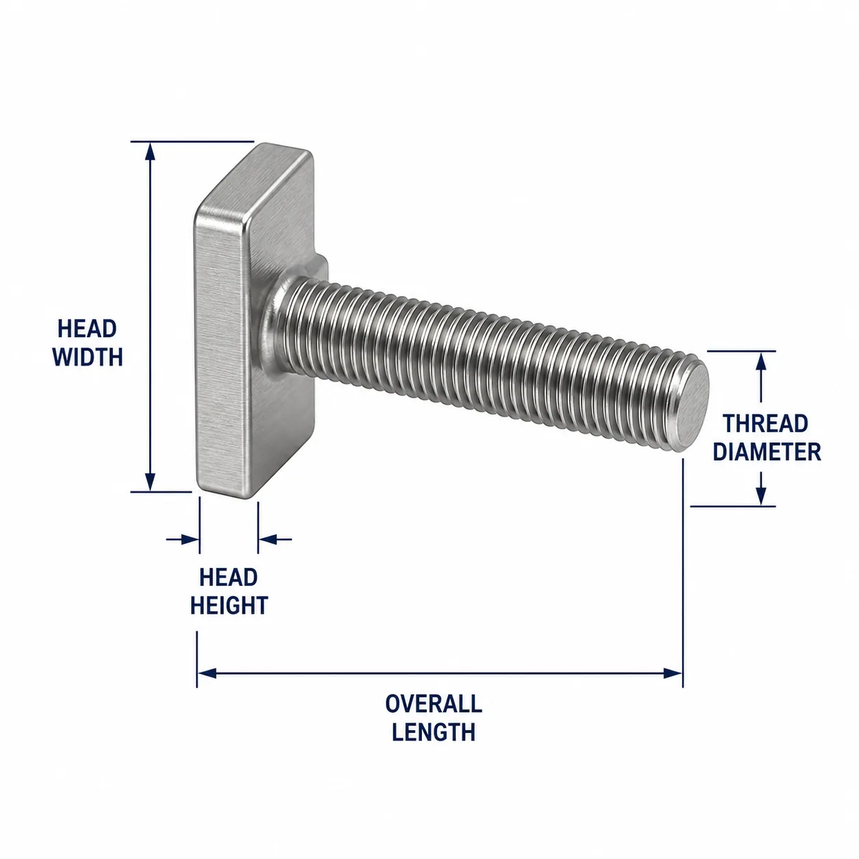 Engineering detail of a T slot bolt showing head width, head height, thread diameter and overall length