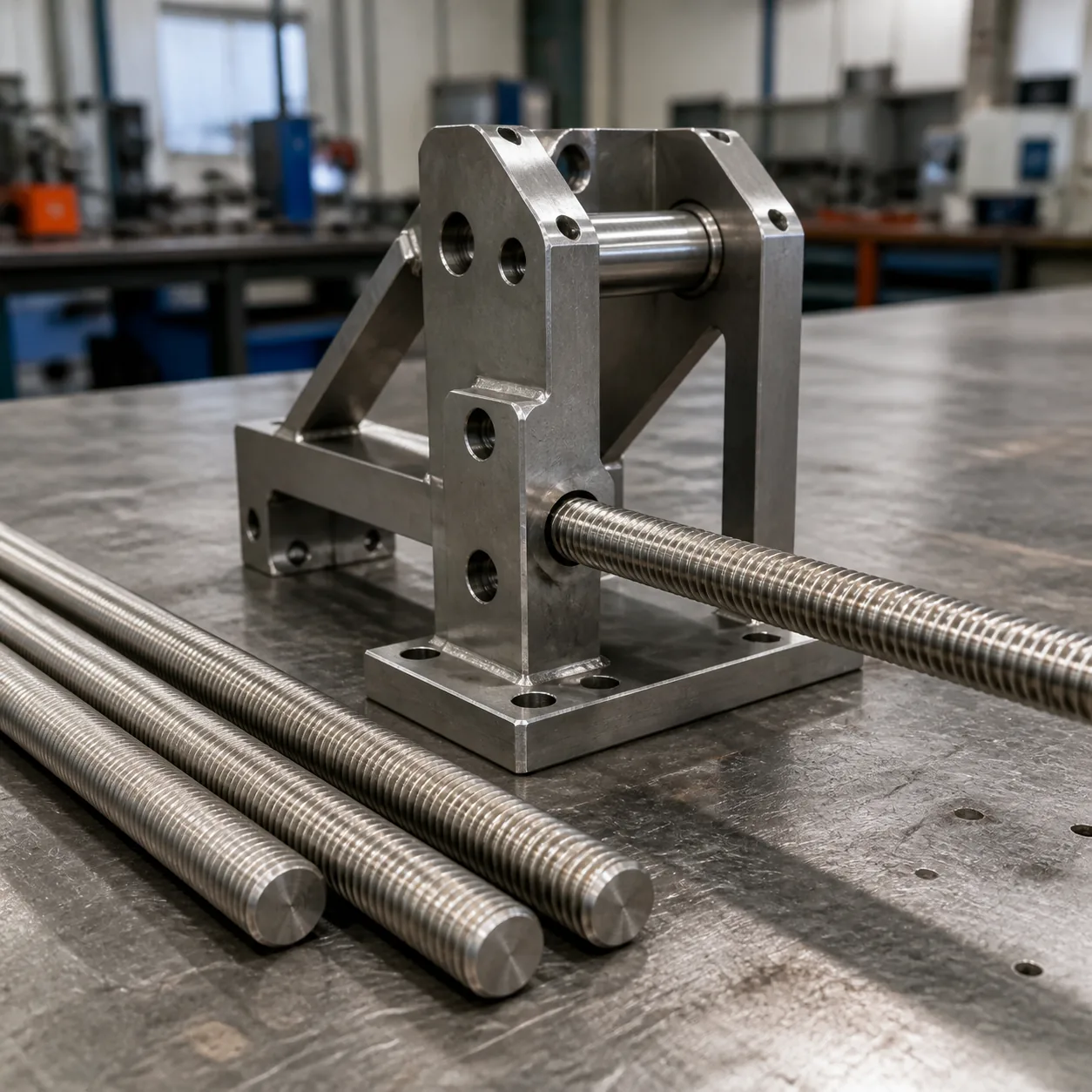 Stainless steel threaded bars used with a custom fabricated industrial machinery component in a metal workshop