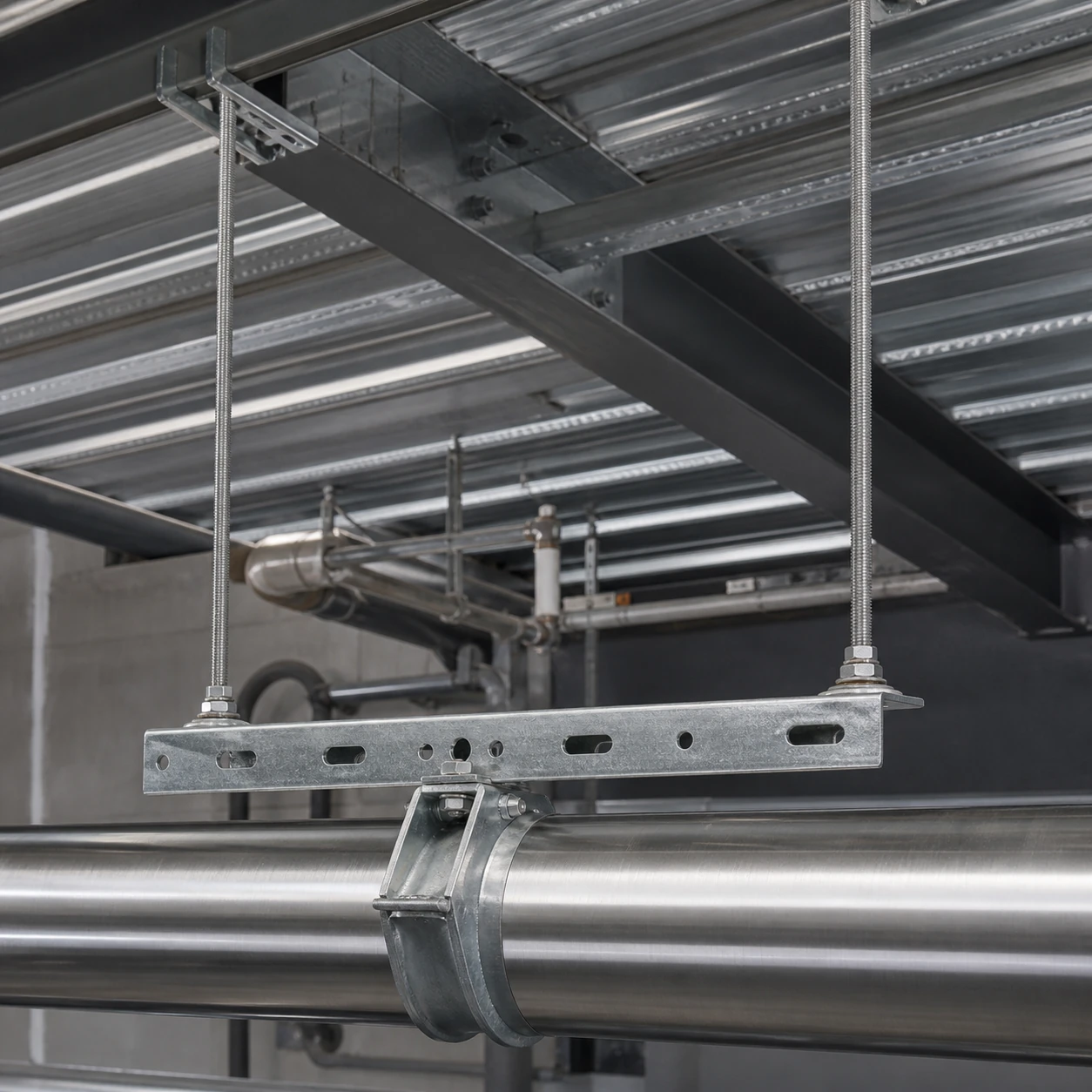 Stainless steel fully threaded rods suspending an industrial pipe support bracket in a mechanical installation