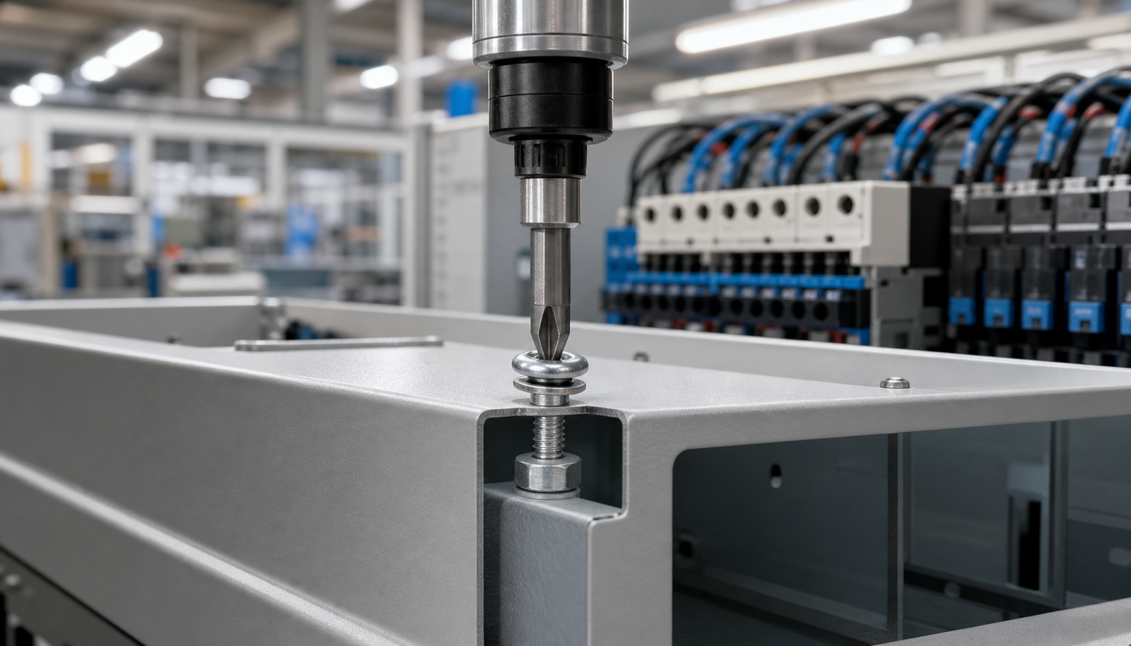 Three-piece SEMS screw installed in industrial electrical equipment assembly