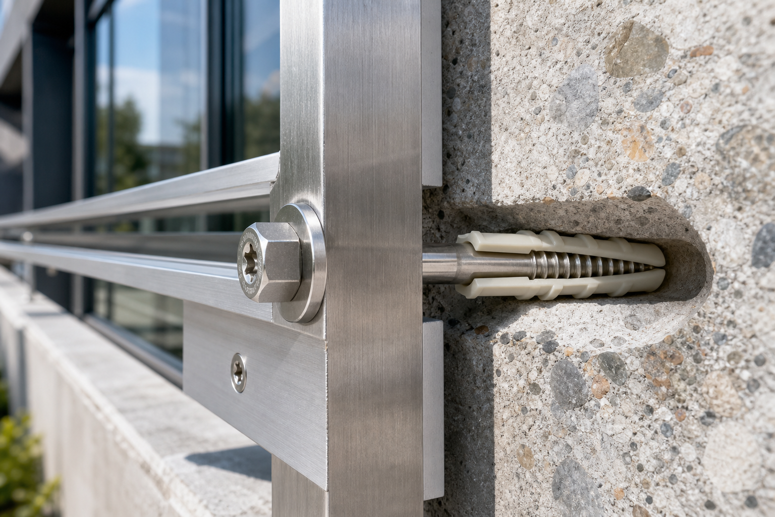 Stainless steel Torx frame fixing screw with nylon plug installed in masonry bracket