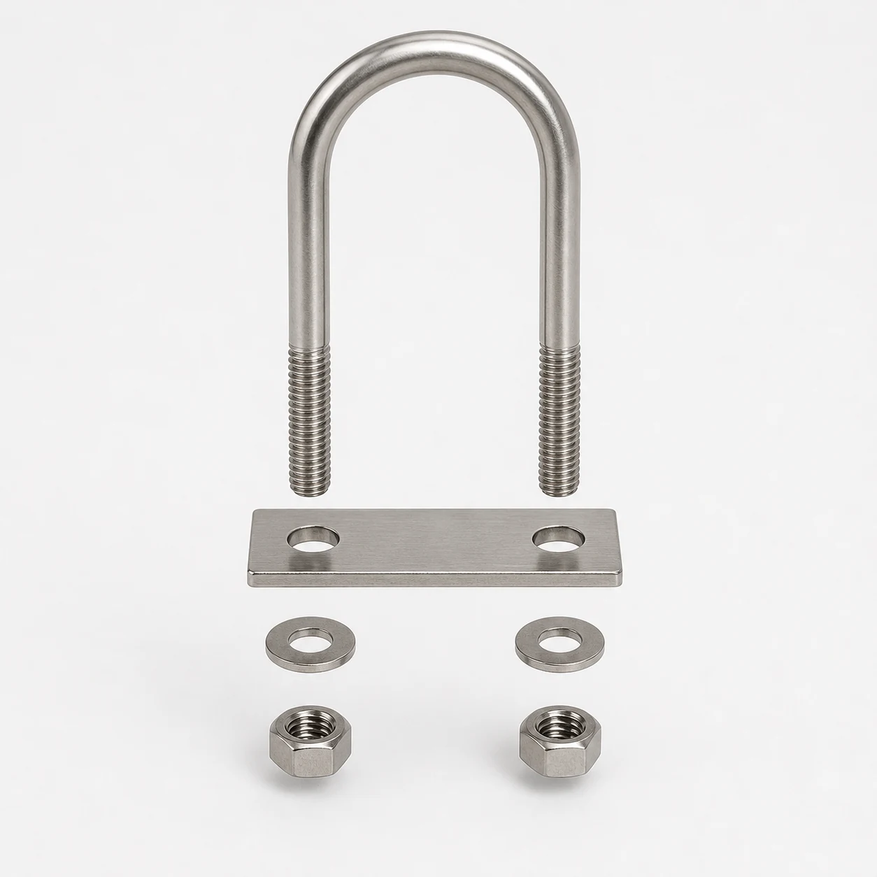 Stainless steel U bolt assembly with backing plate, washers and hex nuts