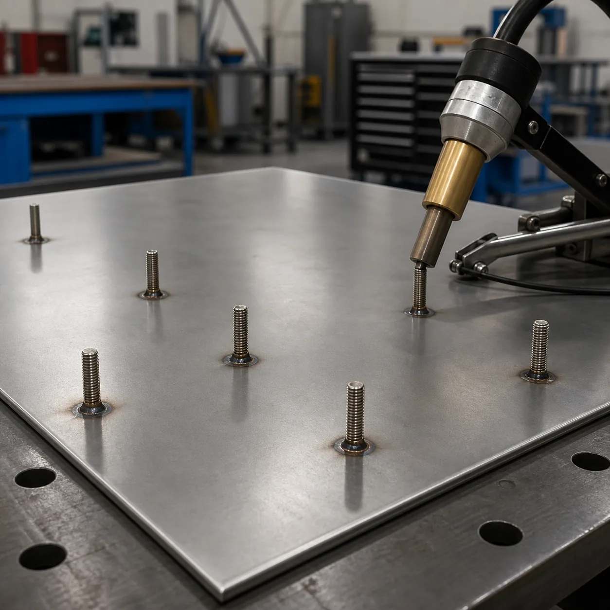 Threaded weld studs permanently attached to a stainless steel panel using a stud welding gun in a fabrication workshop