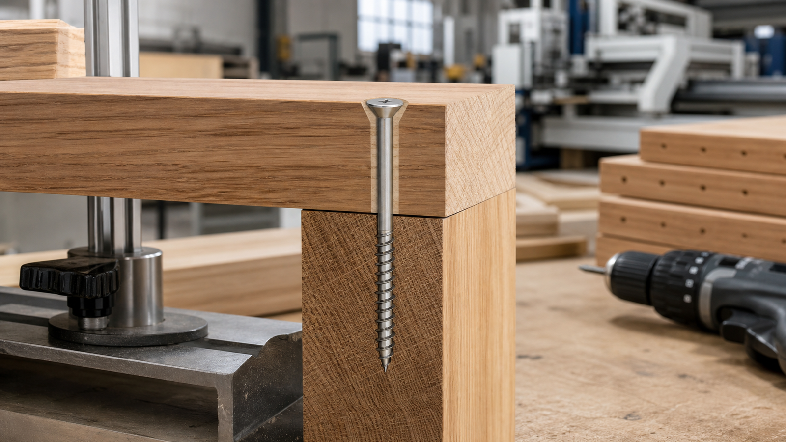 Stainless steel wood screw fastening solid timber components in industrial assembly