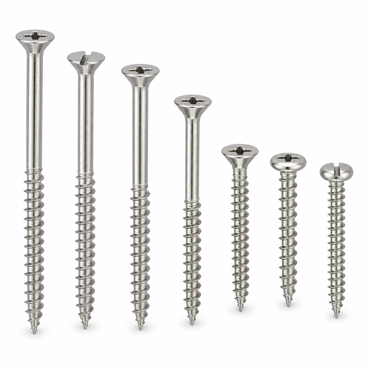 Stainless steel countersunk wood screws with cross recessed slotted and Torx drive options