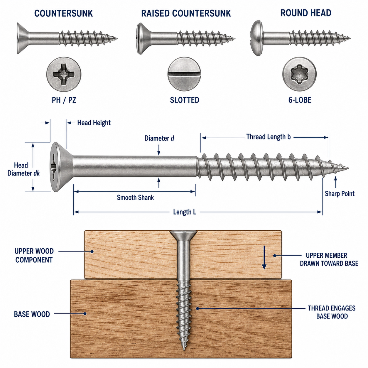 Wood screw head types partial thread smooth shank and key dimensions