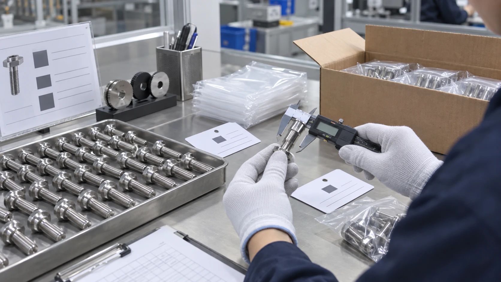 Mass production fastener inspection batch control and packaging verification