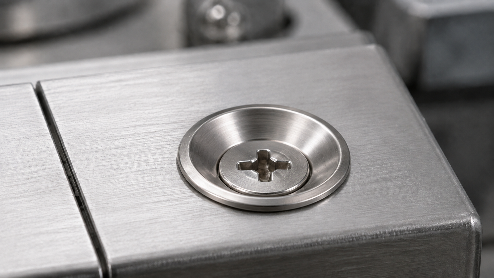 Separate Phillips screw seated in a concave-up stainless bowl washer on an equipment panel
