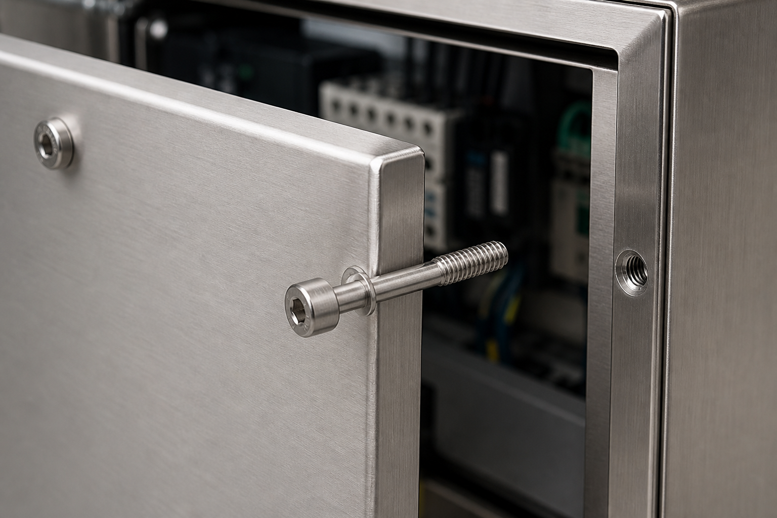 Stainless captive screw retained in an open electrical enclosure panel