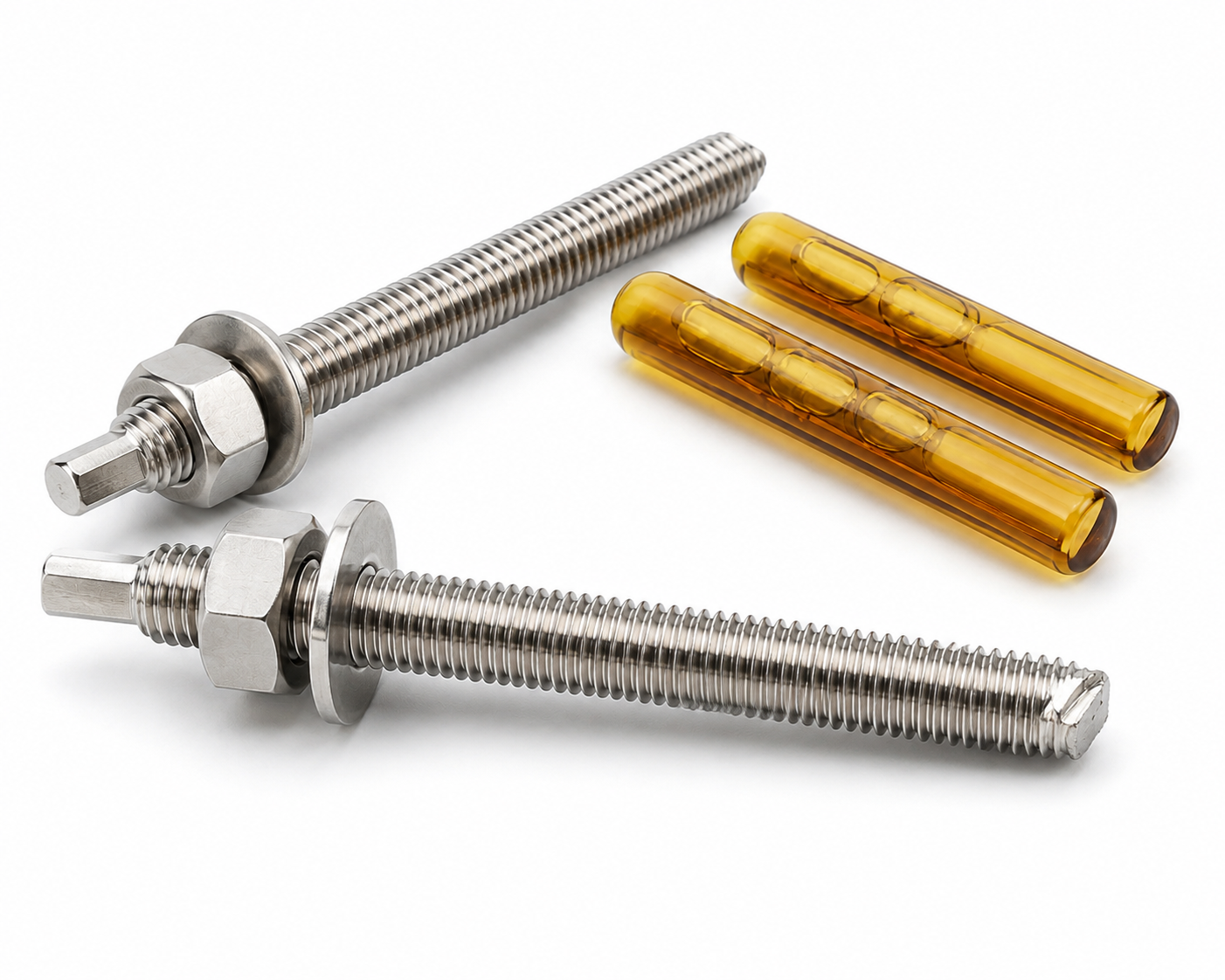 Close white-background view of stainless chemical anchor studs nuts washers and resin capsules