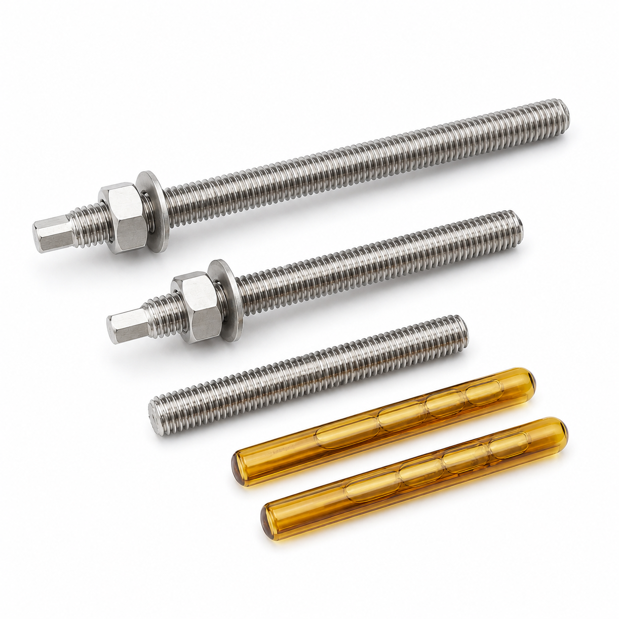 Three sizes of stainless steel chemical anchor studs with amber resin capsules on white