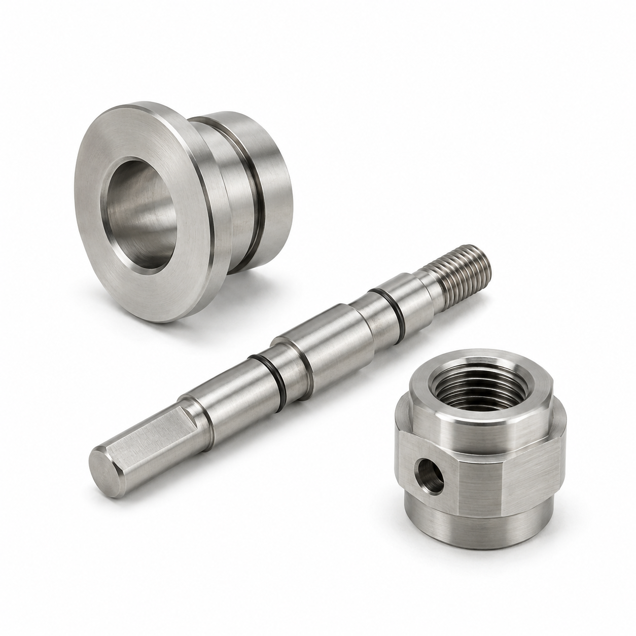 Precision stainless steel CNC flanged bushing, grooved shaft and threaded adapter